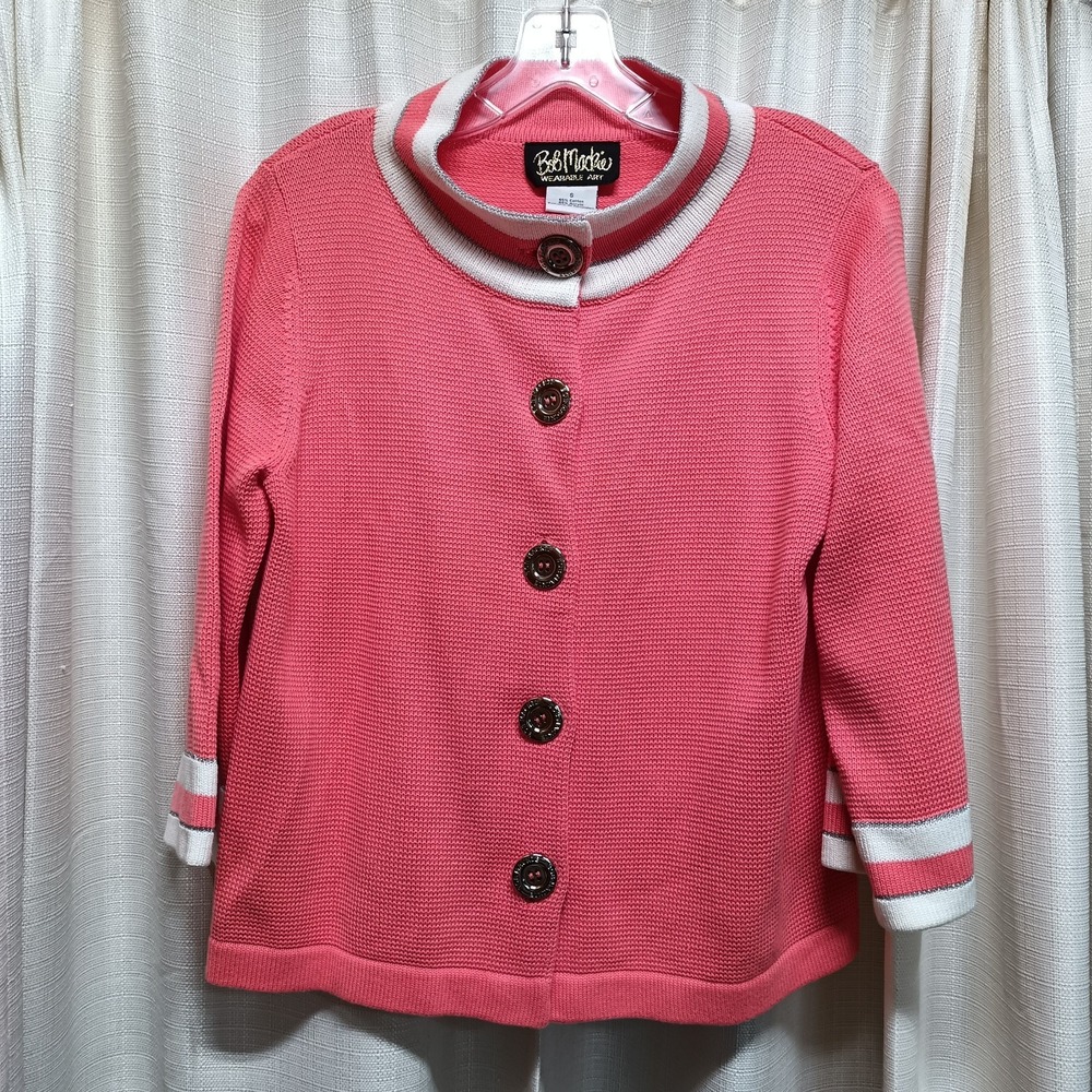 Bob Mackie Women's Size S Pink Knit 3/4 Sleeve Button Up Cardigan Sweater